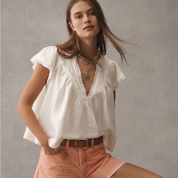 Anthropologie Tops - Anthropologie Short-Sleeve Smocked Linen-Blend Blouse S NWT